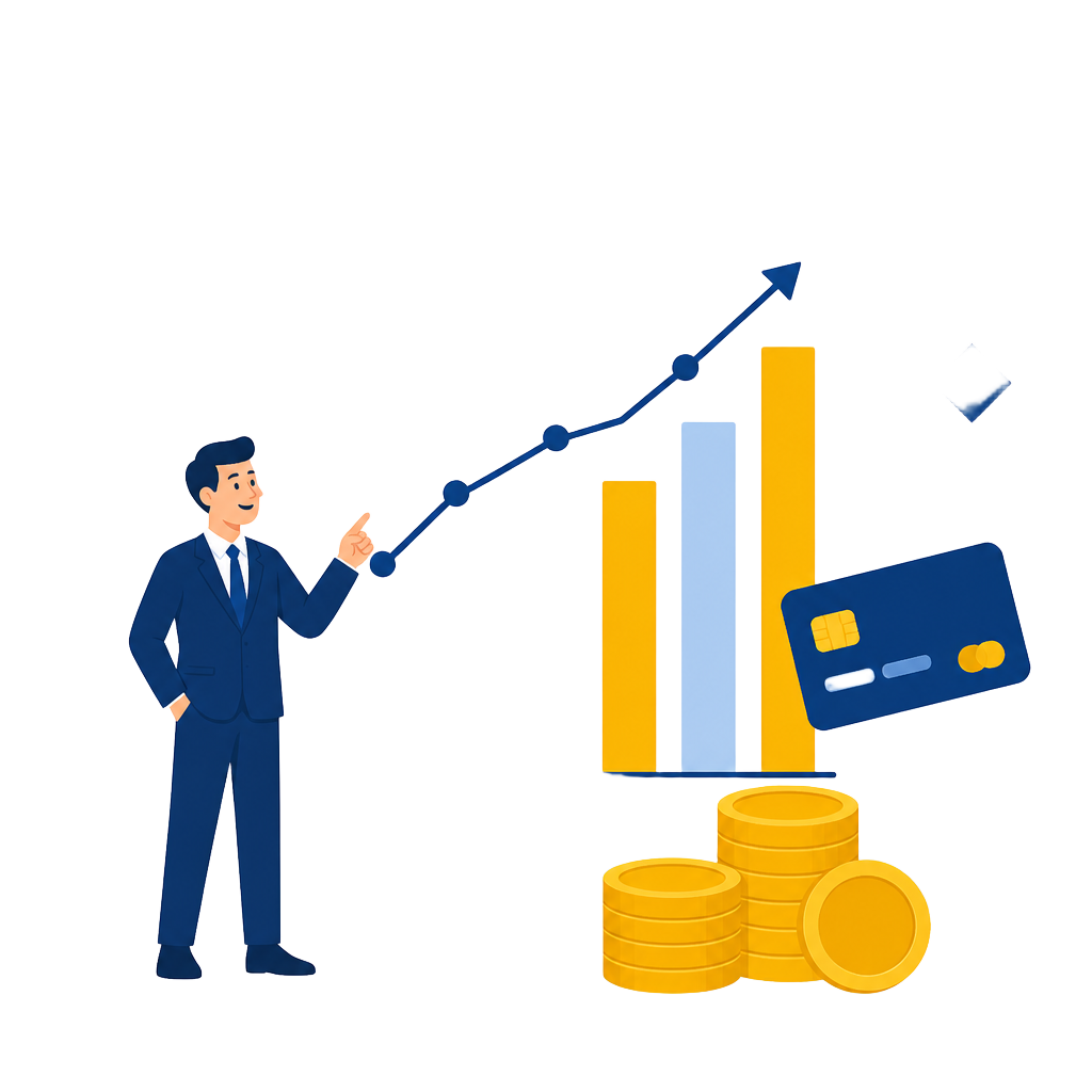 Illustration of an investor reviewing a rising performance chart with coins and a bank card